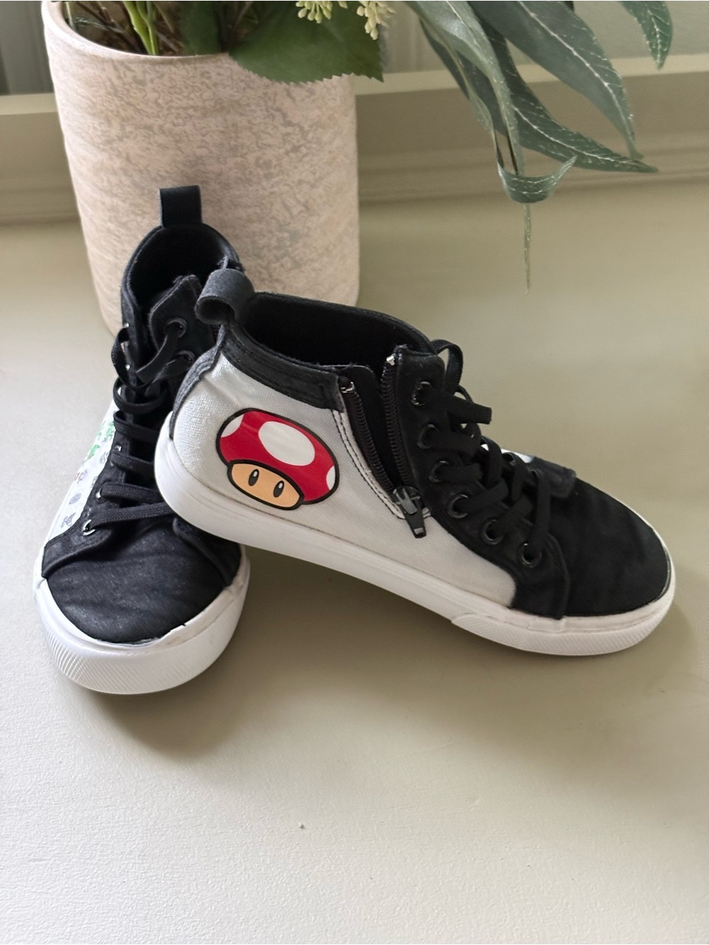 Kids Black & White High-Top Sneakers with Red Mushroom Detail